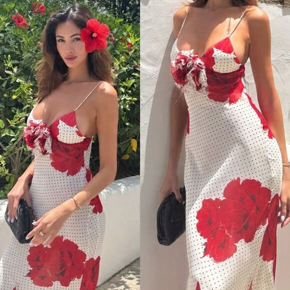 NWT Zara FLORAL PRINT LONG DRESS Polka Dot White And Red Flower - Picture 7 of 16